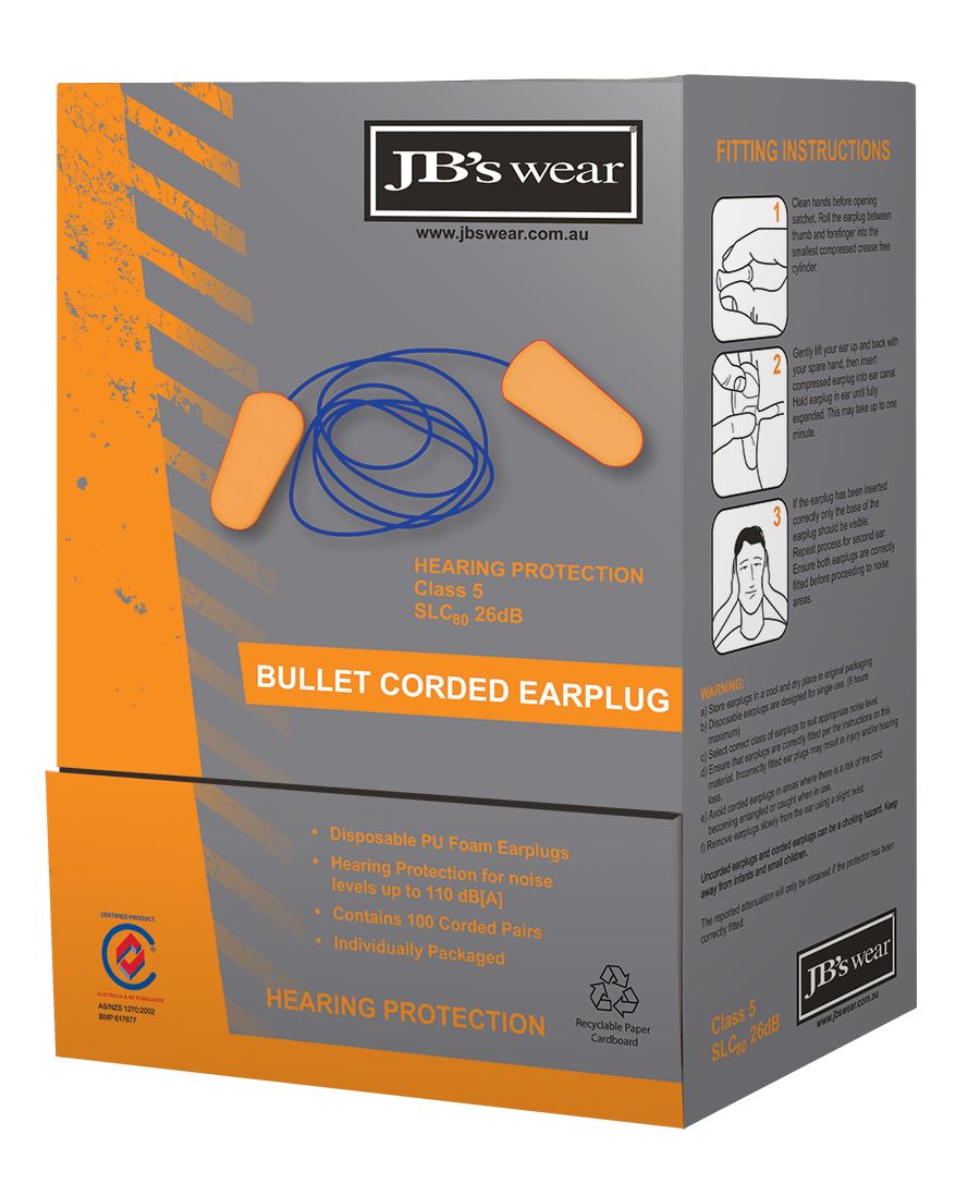 JC8P001 BULLET SHAPED CORDED EARPLUG (100 PAIR)